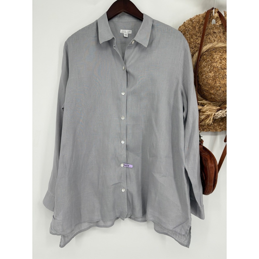 J.Jill Love Linen Essential Button Down Collared Tunic Shirt Grey L Side Slits